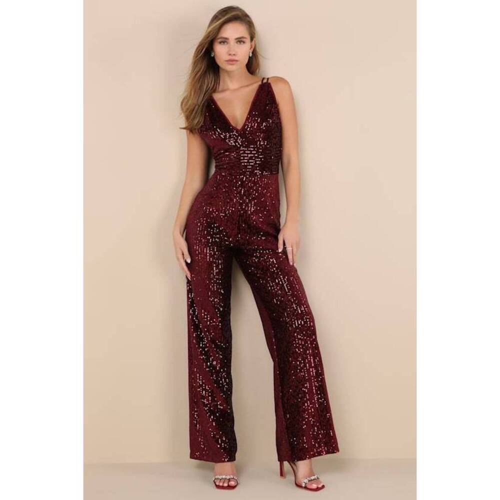 Lulus Sensational Energy Burgundy Velvet Sequin Backless Jumpsuit Red - Size S